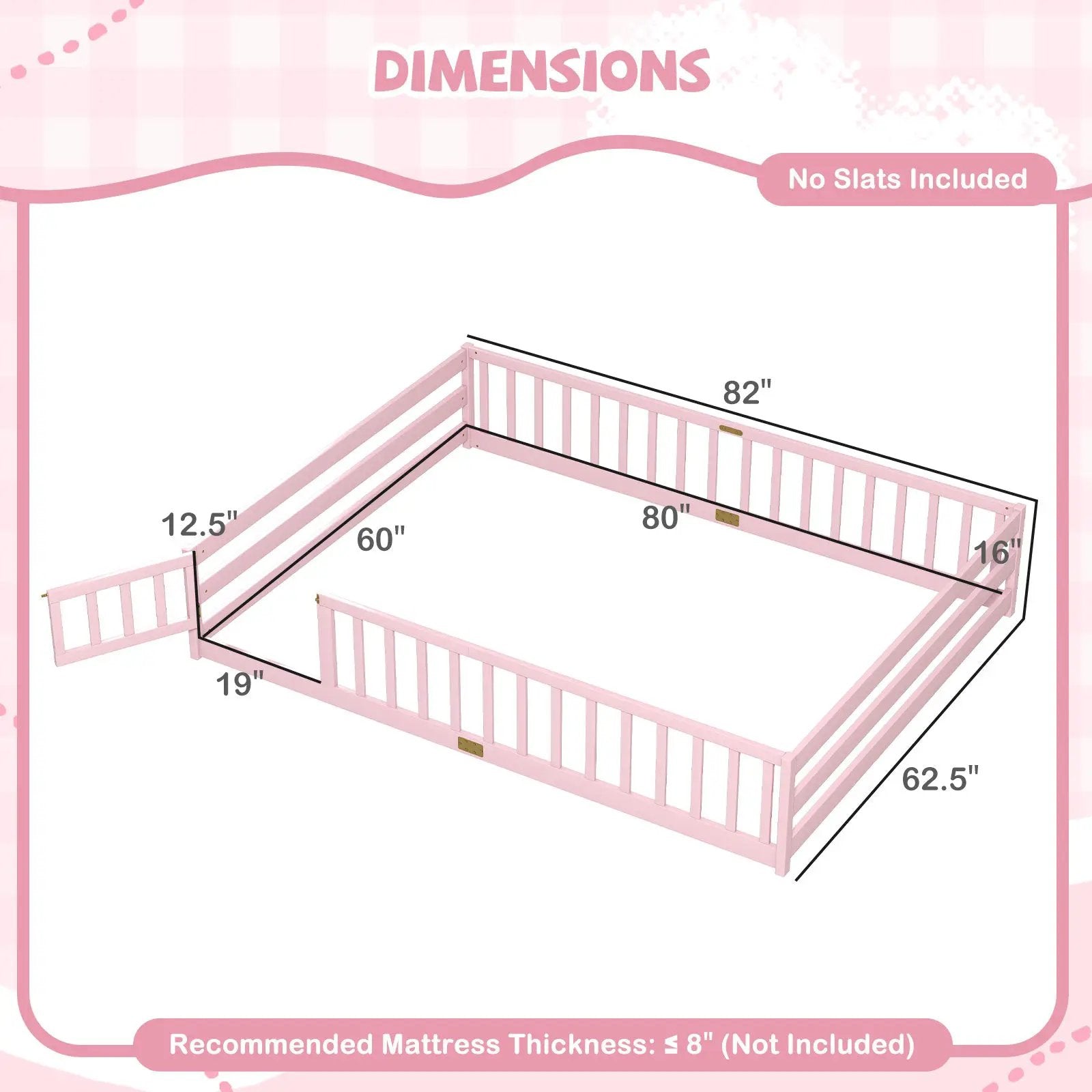 Queen Size Floor Bed Kids Montessori Bed Frame with Full Length Safety Guardrails by DirectDeals