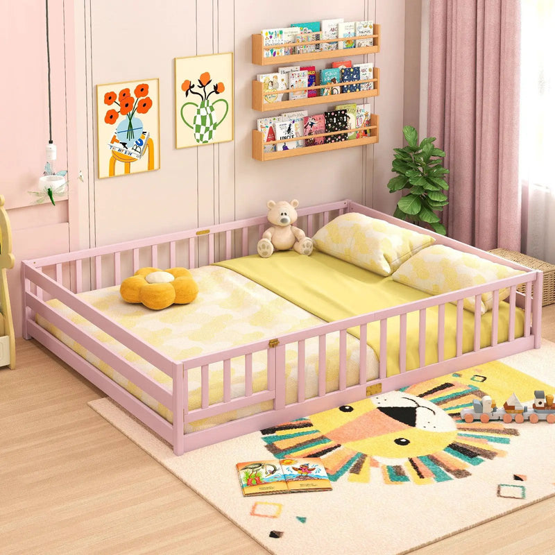 Queen Size Floor Bed Kids Montessori Bed Frame with Full Length Safety Guardrails by DirectDeals