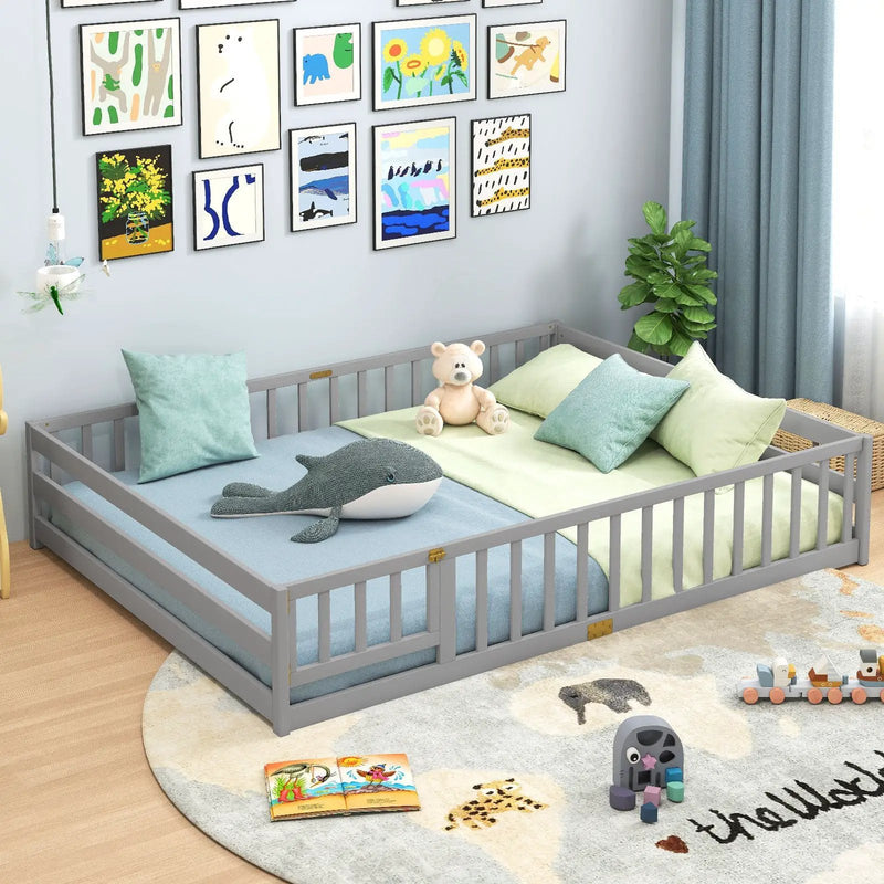 Queen Size Floor Bed Kids Montessori Bed Frame with Full Length Safety Guardrails by DirectDeals