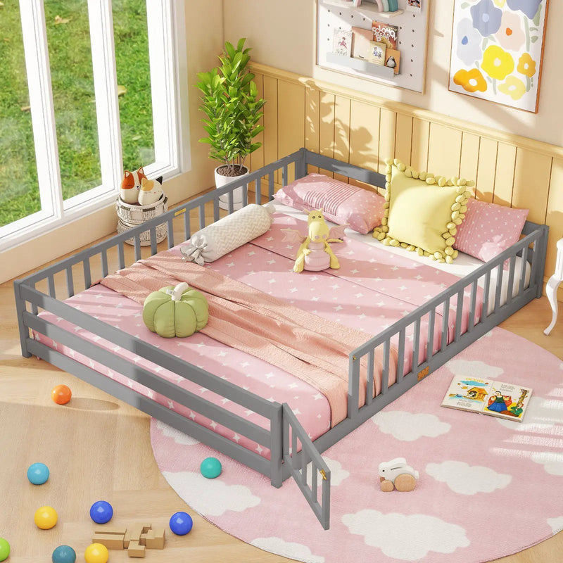 Queen Size Floor Bed Kids Montessori Bed Frame with Full Length Safety Guardrails by DirectDeals