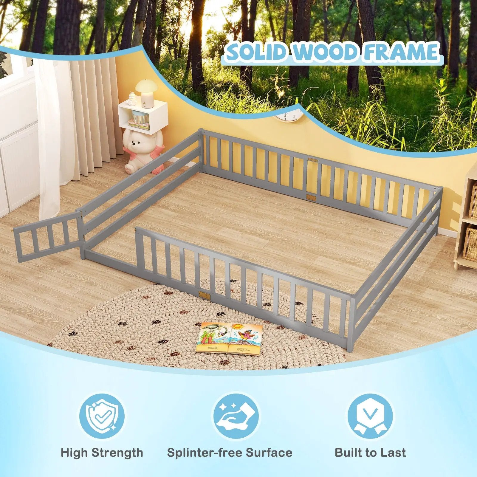 Queen Size Floor Bed Kids Montessori Bed Frame with Full Length Safety Guardrails by DirectDeals
