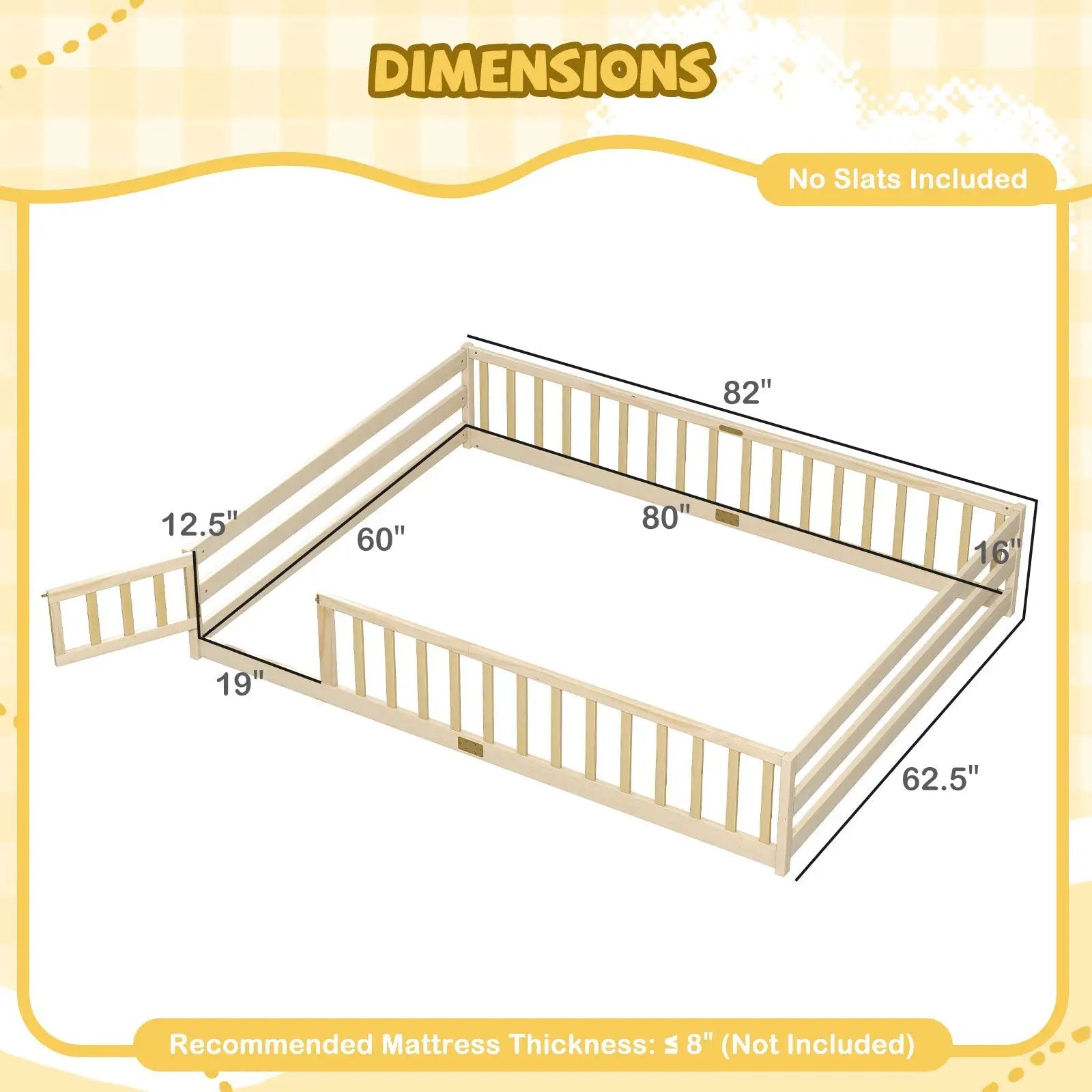 Queen Size Floor Bed Kids Montessori Bed Frame with Full Length Safety Guardrails by DirectDeals