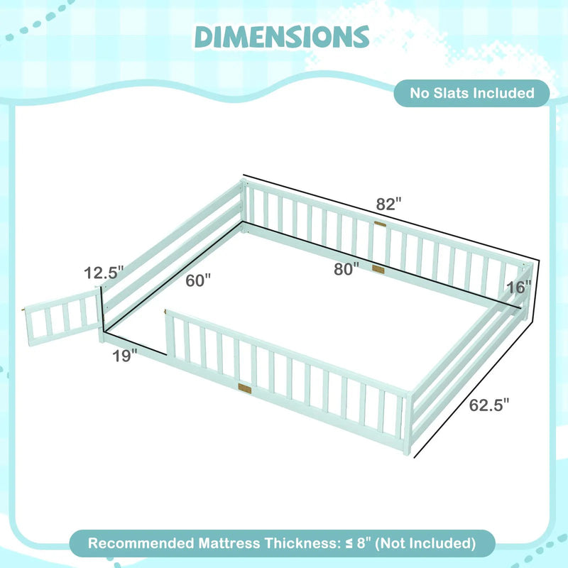 Queen Size Floor Bed Kids Montessori Bed Frame with Full Length Safety Guardrails by DirectDeals