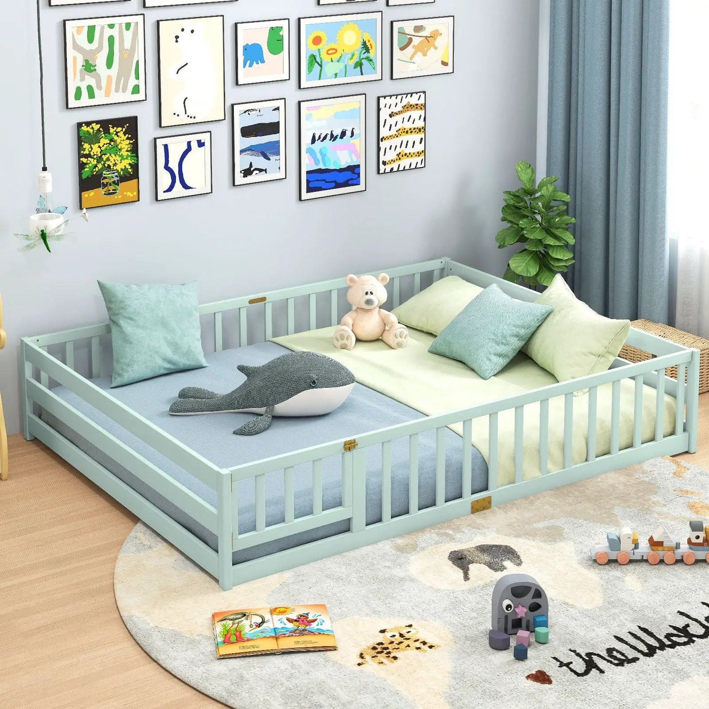 Queen Size Floor Bed Kids Montessori Bed Frame with Full Length Safety Guardrails by DirectDeals