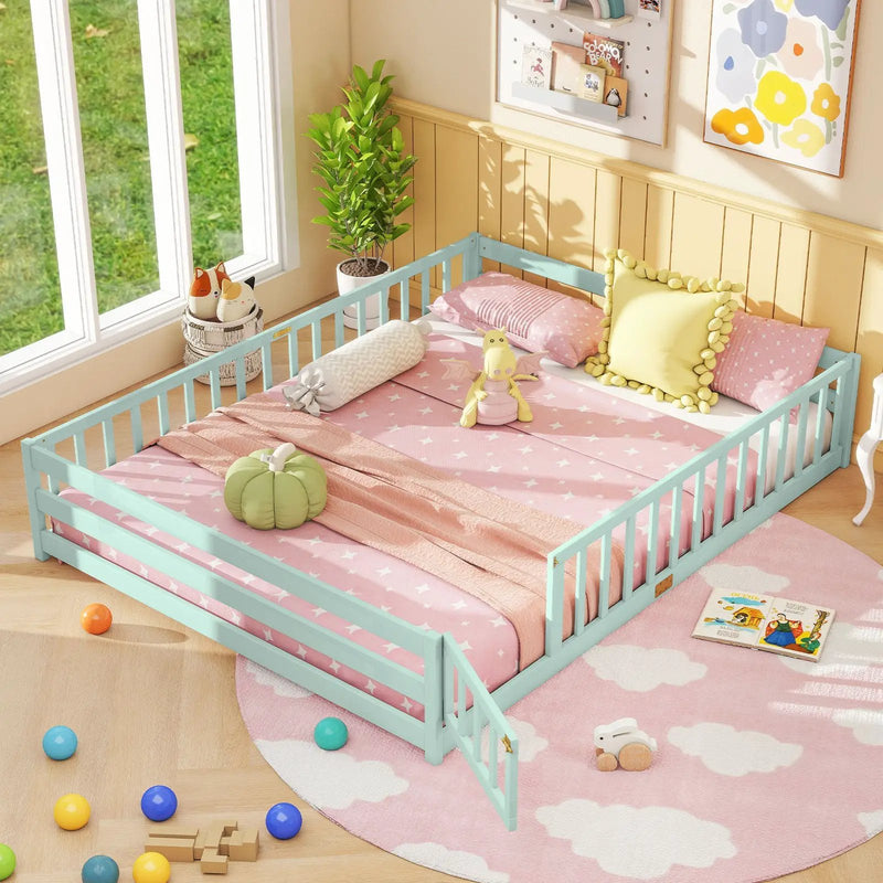 Queen Size Floor Bed Kids Montessori Bed Frame with Full Length Safety Guardrails by DirectDeals