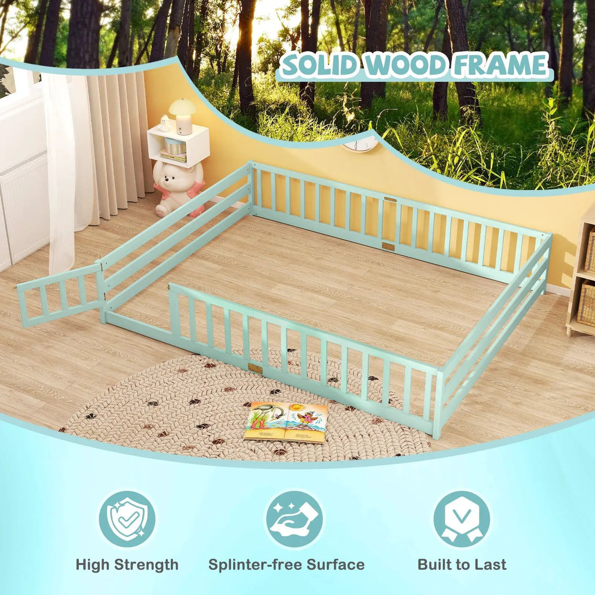 Queen Size Floor Bed Kids Montessori Bed Frame with Full Length Safety Guardrails by DirectDeals