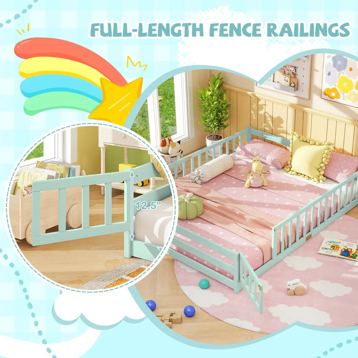 Queen Size Floor Bed Kids Montessori Bed Frame with Full Length Safety Guardrails by DirectDeals