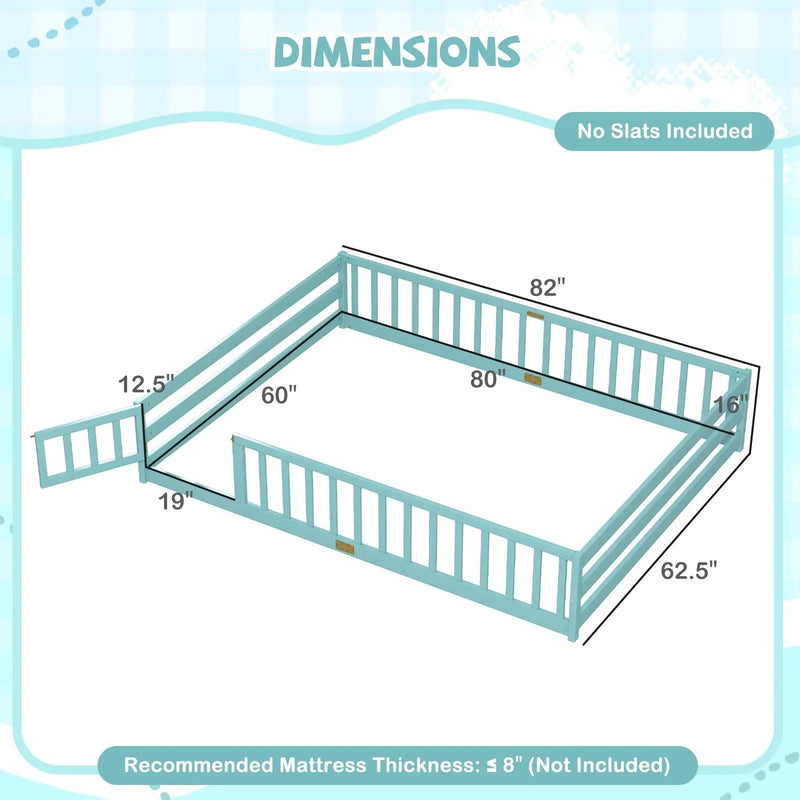 Queen Size Floor Bed Kids Montessori Bed Frame with Full Length Safety Guardrails by DirectDeals