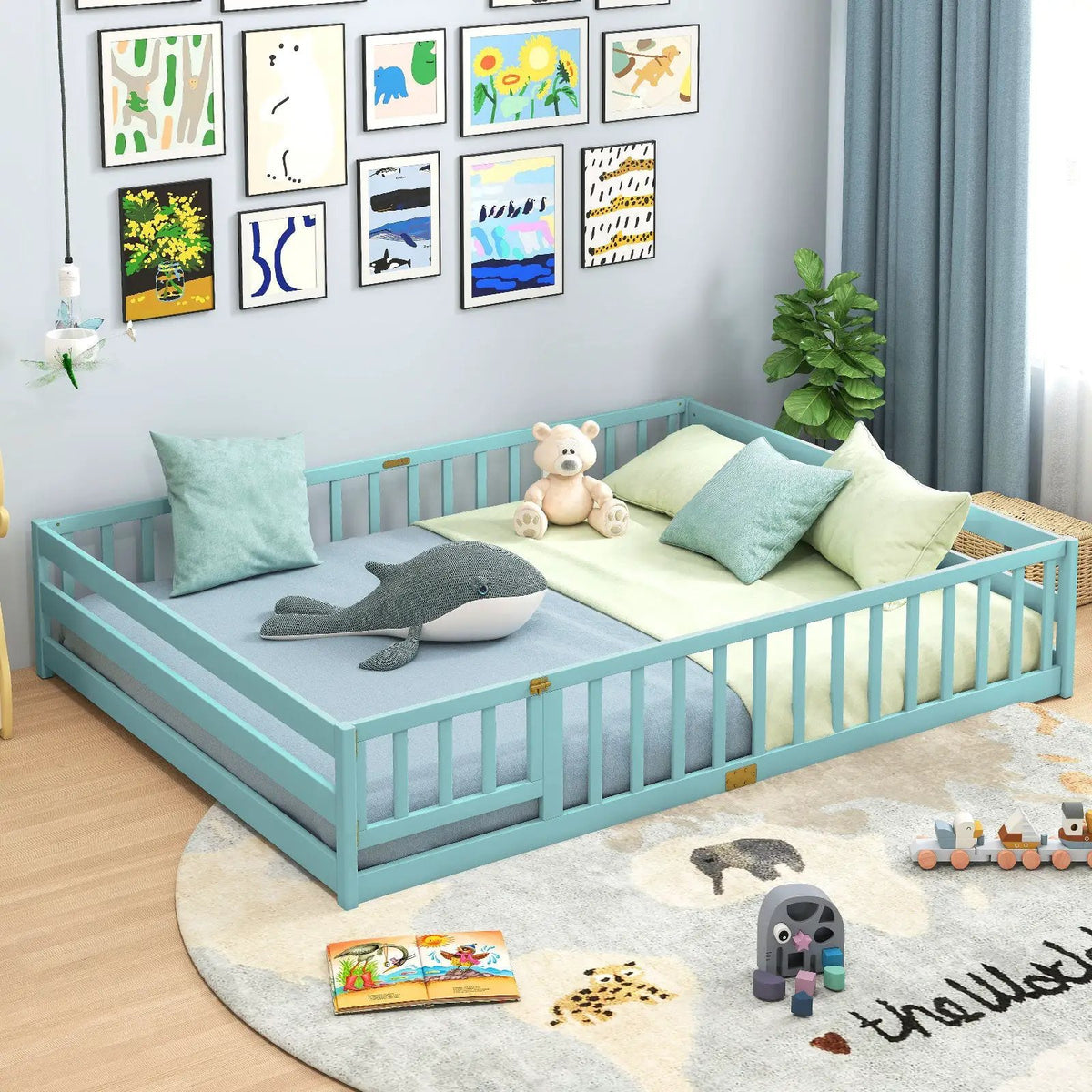 Queen Size Floor Bed Kids Montessori Bed Frame with Full Length Safety Guardrails by DirectDeals
