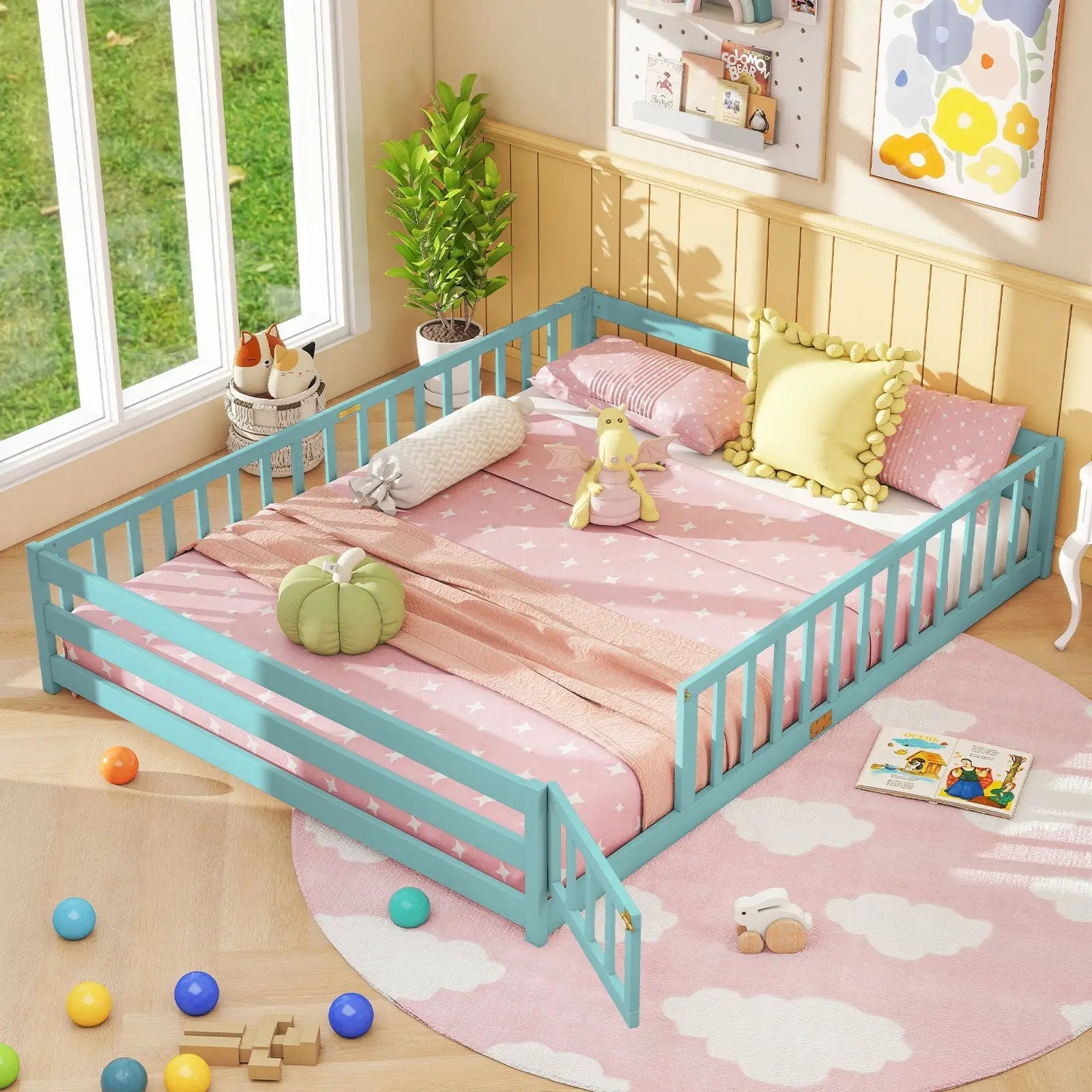 Queen Size Floor Bed Kids Montessori Bed Frame with Full Length Safety Guardrails by DirectDeals