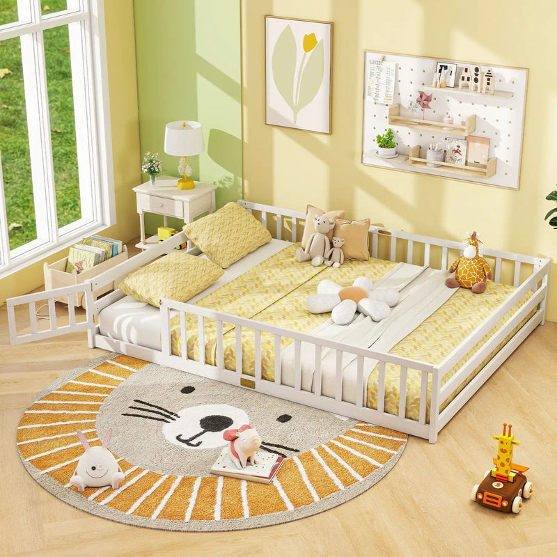 Queen Size Floor Bed Kids Montessori Bed Frame with Full Length Safety Guardrails by DirectDeals