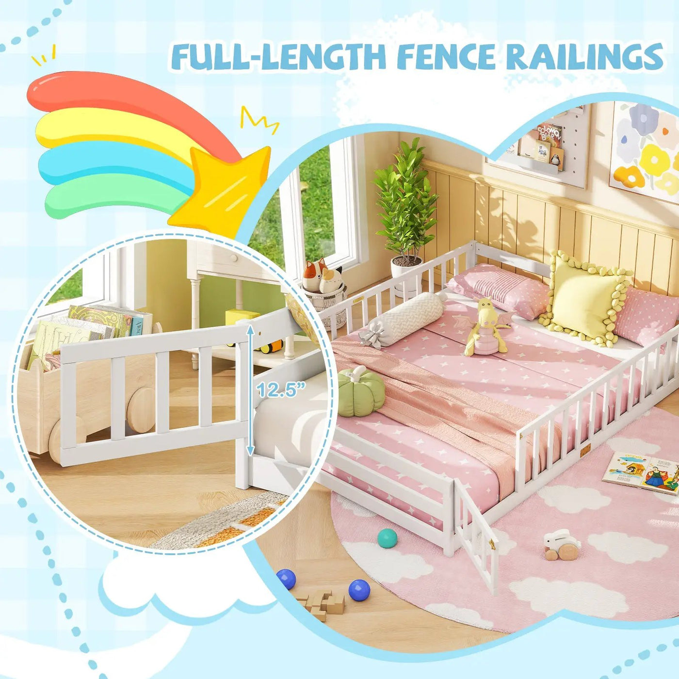 Queen Size Floor Bed Kids Montessori Bed Frame with Full Length Safety Guardrails by DirectDeals