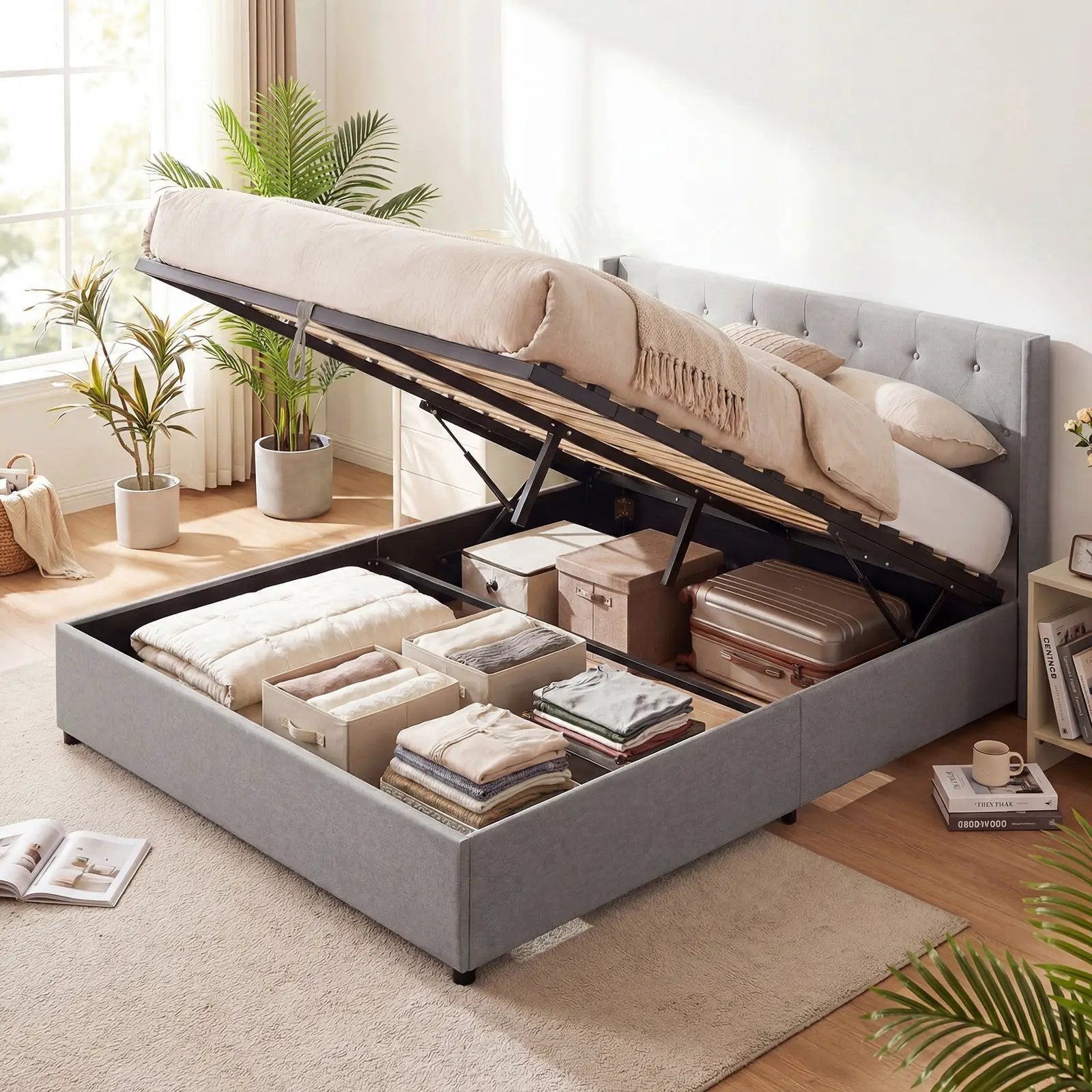 Queen Size Lift-up Storage Bed Modern Linen Upholstered Platform Bed by DirectDeals