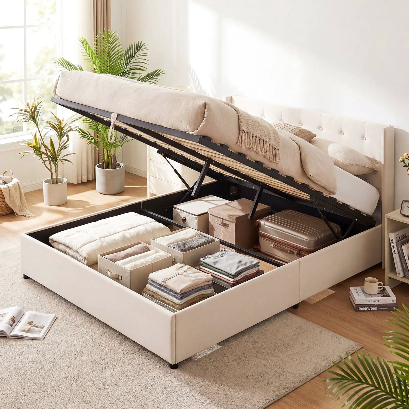 Queen Size Lift-up Storage Bed Modern Linen Upholstered Platform Bed by DirectDeals
