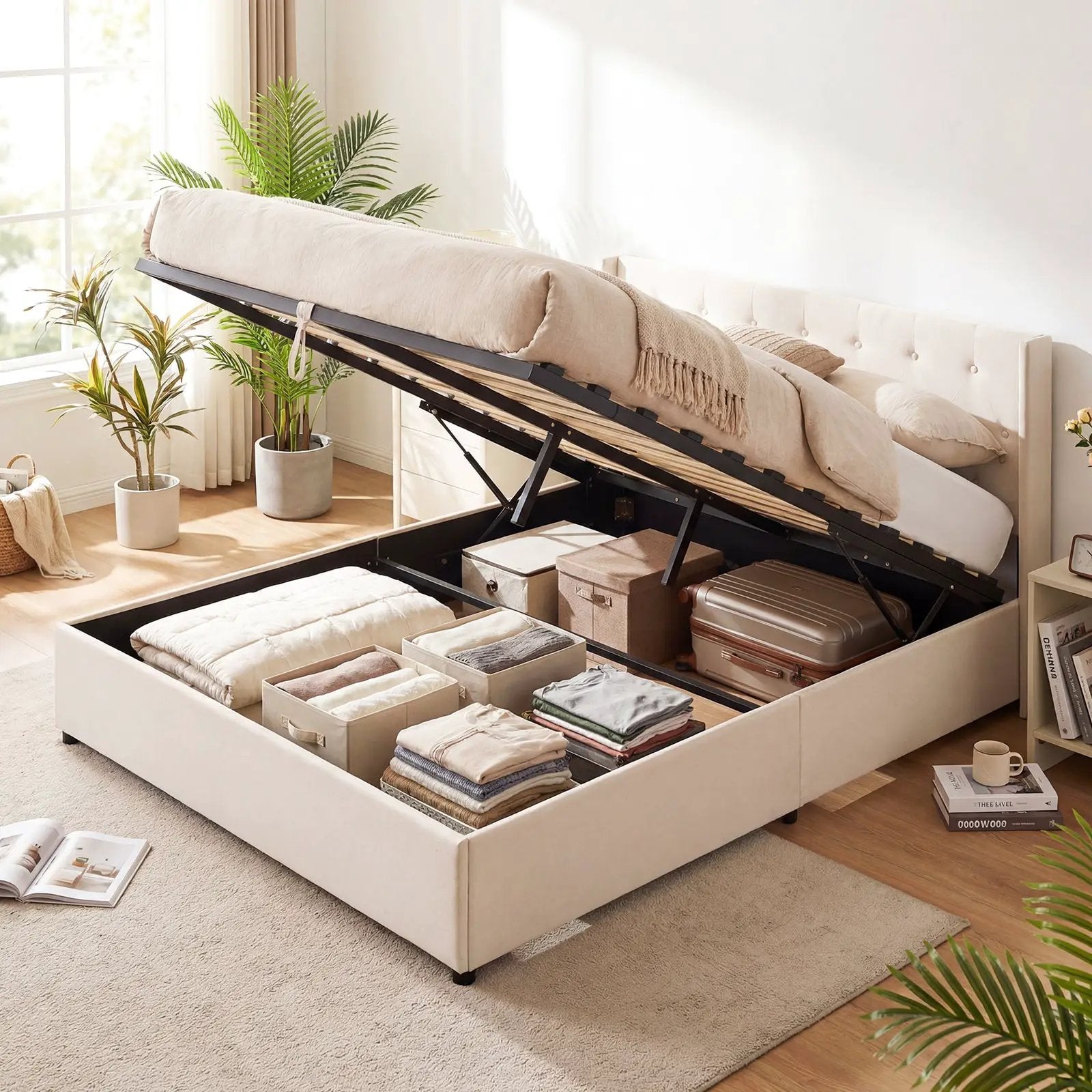 Queen Size Lift-up Storage Bed Modern Linen Upholstered Platform Bed by DirectDeals