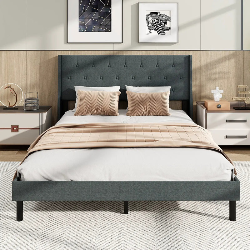 Queen Size Upholstered Bed Frame with Button Tufted Wingback Headboard and Wooden Slats Support Mattress Foundation-Gray by DirectDeals