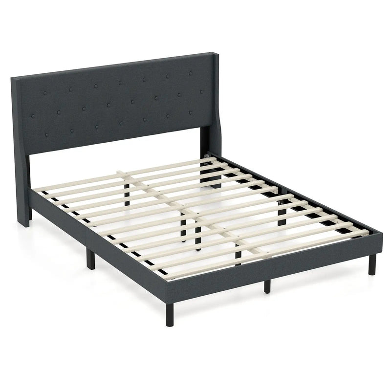 Queen Size Upholstered Bed Frame with Button Tufted Wingback Headboard and Wooden Slats Support Mattress Foundation-Gray by DirectDeals