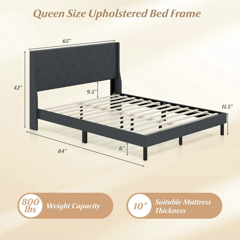 Queen Size Upholstered Bed Frame with Button Tufted Wingback Headboard and Wooden Slats Support Mattress Foundation-Gray by DirectDeals