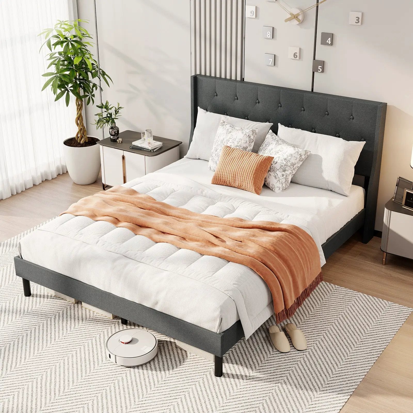Queen Size Upholstered Bed Frame with Button Tufted Wingback Headboard and Wooden Slats Support Mattress Foundation-Gray by DirectDeals