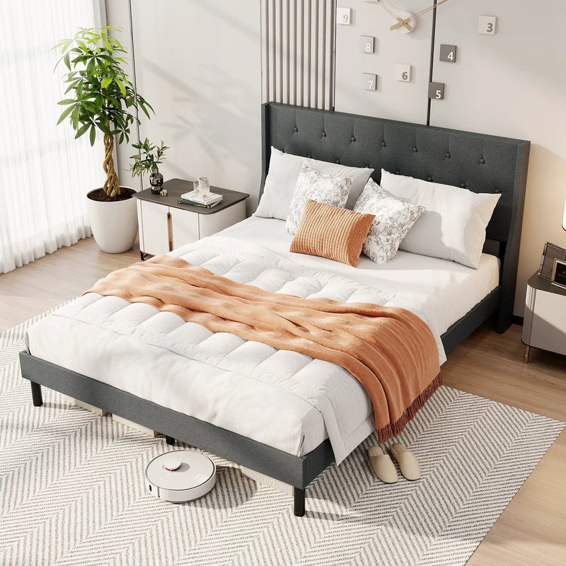 Queen Size Upholstered Bed Frame with Button Tufted Wingback Headboard and Wooden Slats Support Mattress Foundation-Gray by DirectDeals