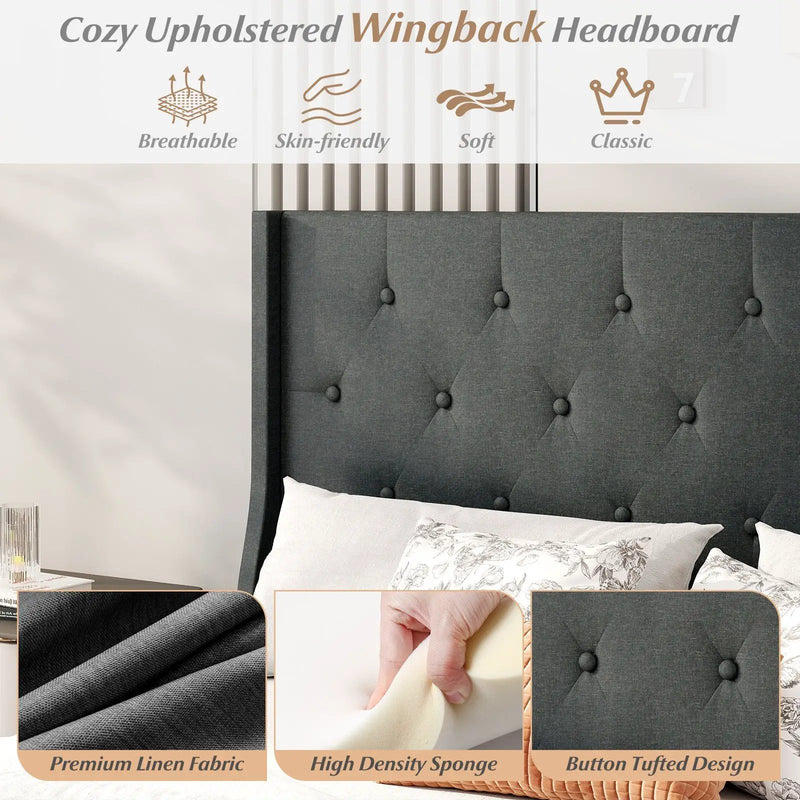 Queen Size Upholstered Bed Frame with Button Tufted Wingback Headboard and Wooden Slats Support Mattress Foundation-Gray by DirectDeals