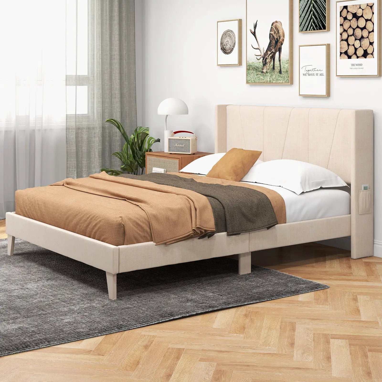 Full/Queen Size Upholstered Bed Frame with Geometric Wingback Headboard by DirectDeals