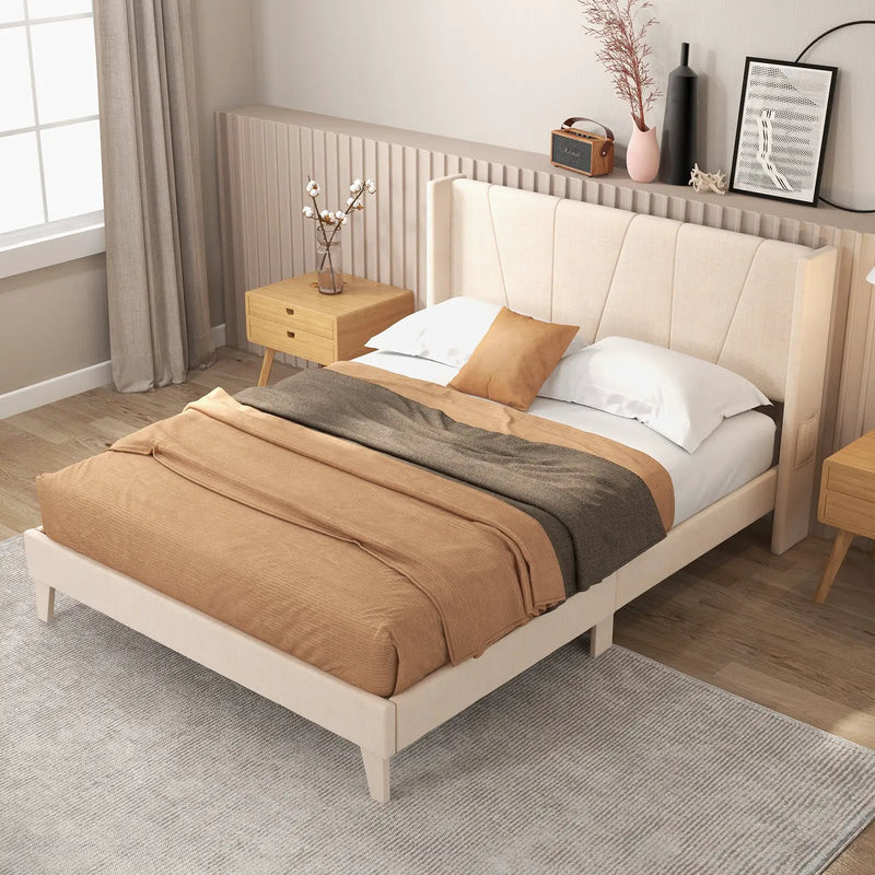 Full/Queen Size Upholstered Bed Frame with Geometric Wingback Headboard by DirectDeals