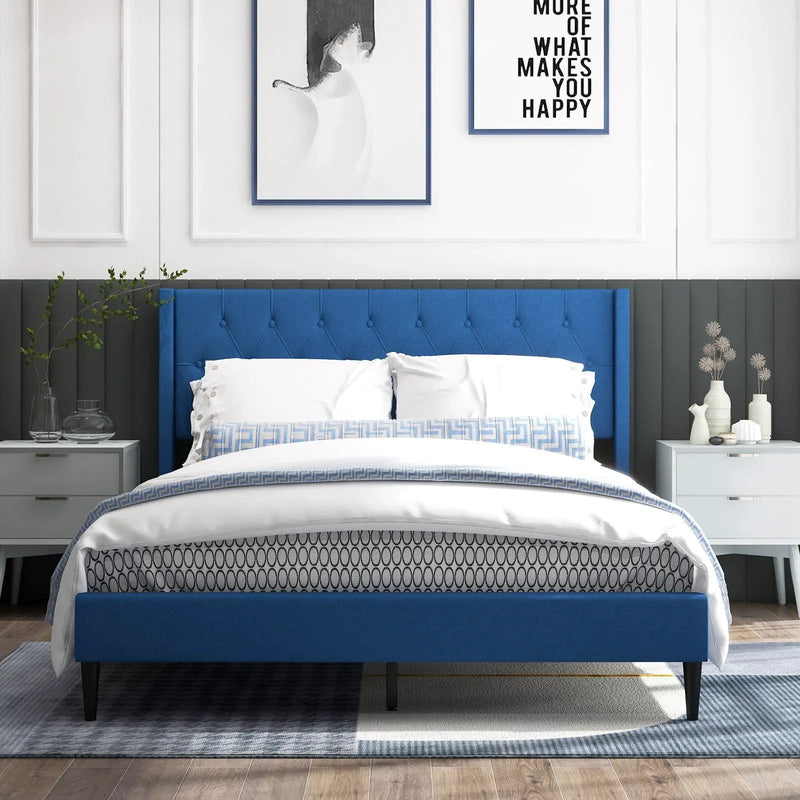 Queen Size Upholstered Platform Bed with Button Tufted Wingback Headboard by DirectDeals