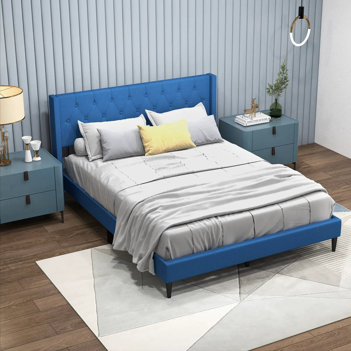 Queen Size Upholstered Platform Bed with Button Tufted Wingback Headboard by DirectDeals