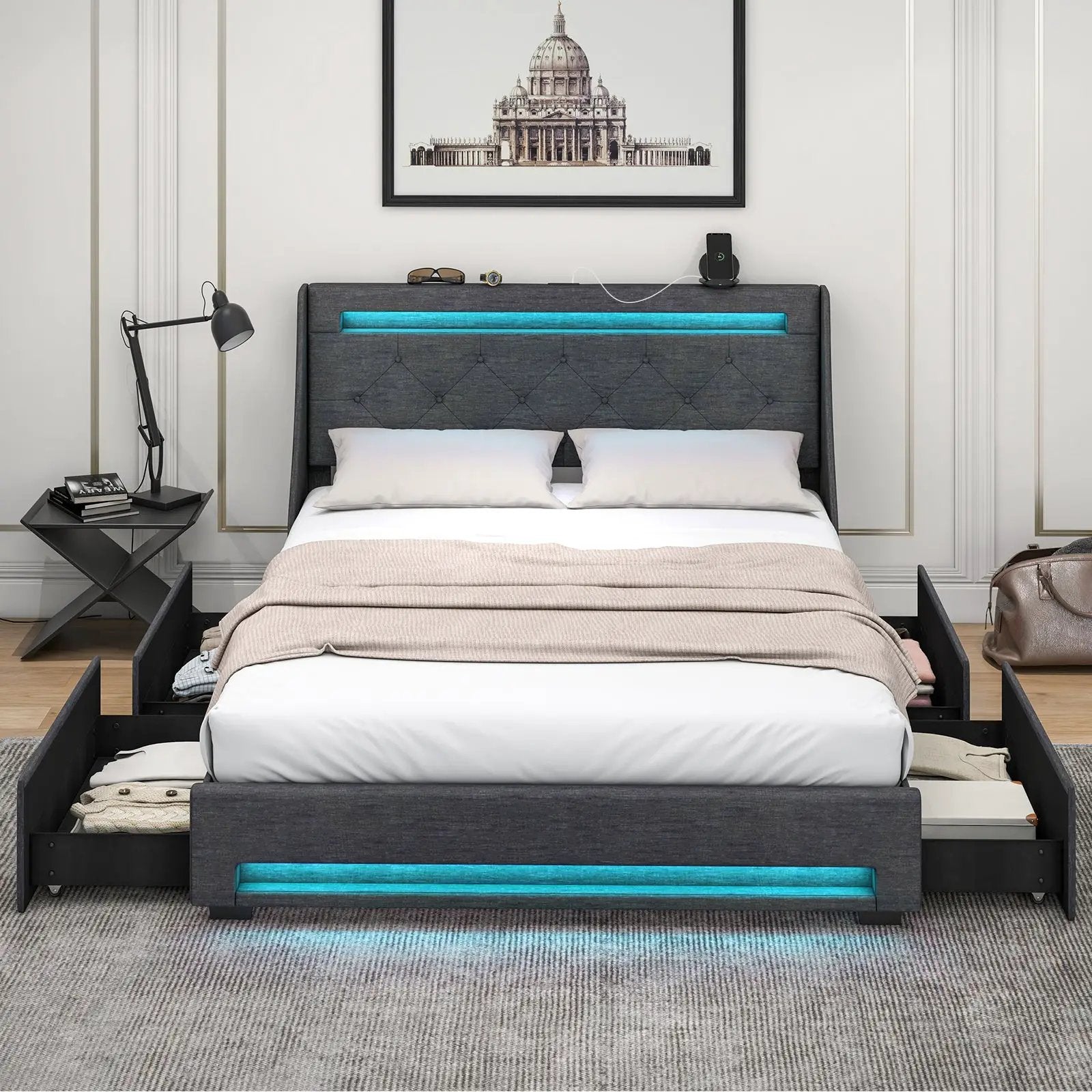 Queen Size Upholstered Platform Bed Frame with LED Lights and Charging Station-Grey by DirectDeals