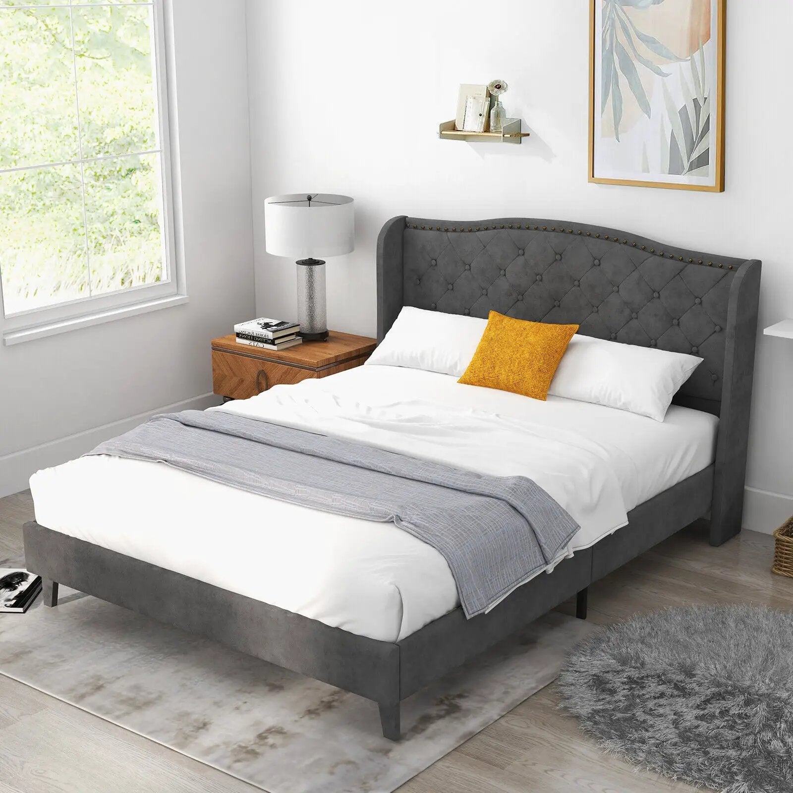 Full/Queen Size Upholstered Platform Bed Frame with Button Tufted Headboard by DirectDeals