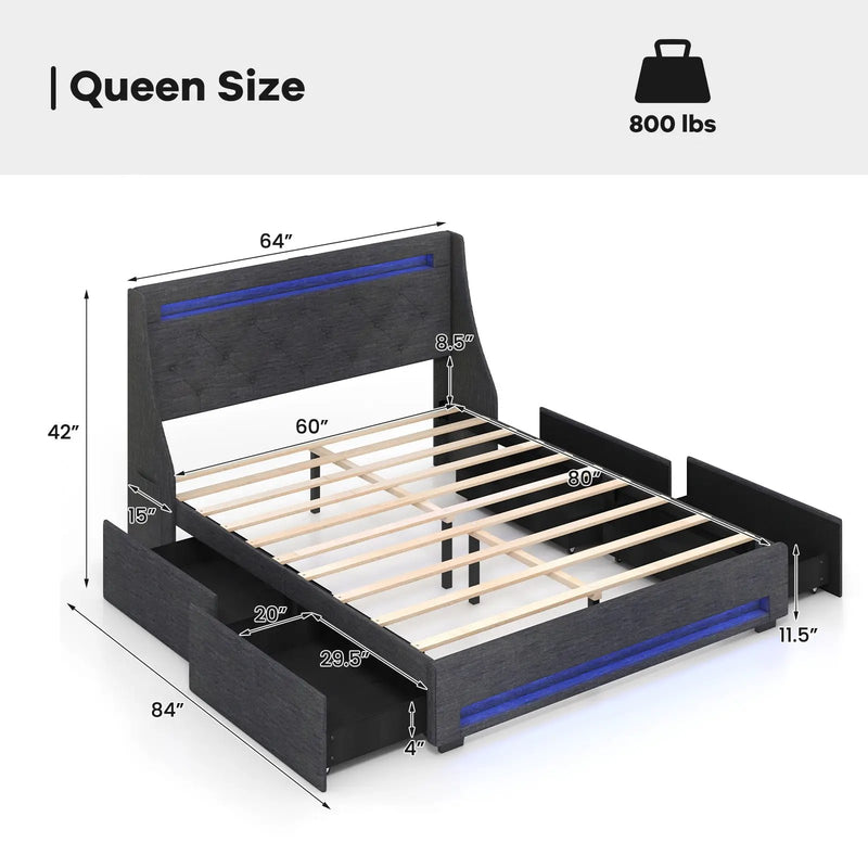 Queen Size Upholstered Platform Bed Frame with LED Lights and Charging Station-Grey by DirectDeals