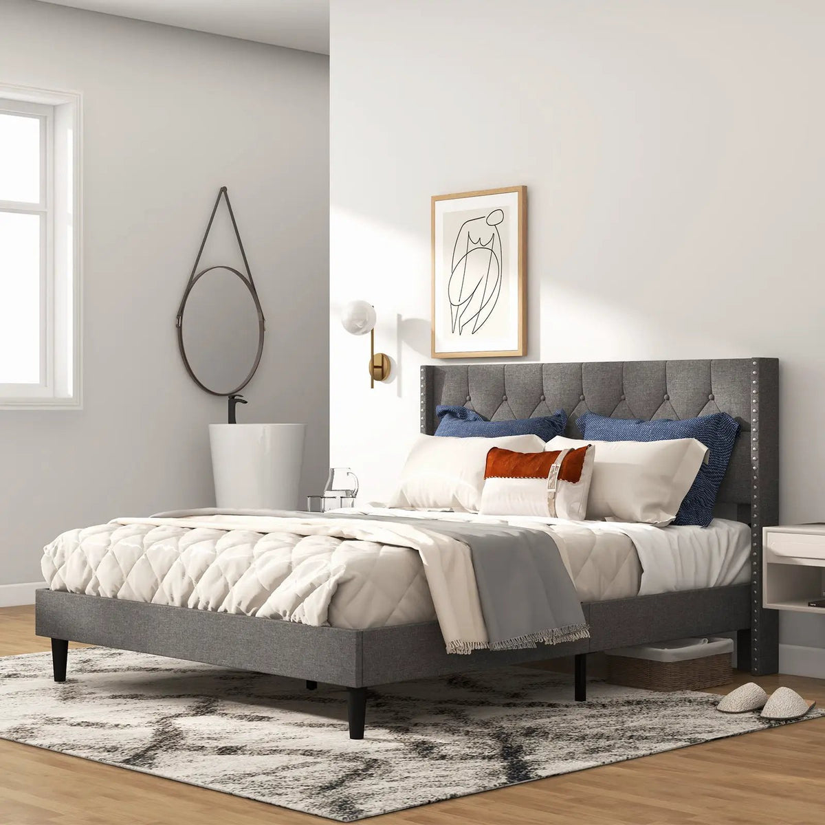 Full/Queen Size Upholstered Platform Bed with Button Tufted Headboard by DirectDeals
