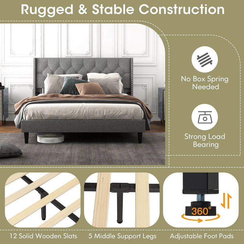 Full/Queen Size Upholstered Platform Bed with Button Tufted Headboard by DirectDeals
