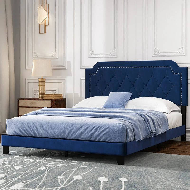 Queen Size Velvet Platform Bed with Button Tufted and Nailhead Trim Headboard-Queen Size by DirectDeals