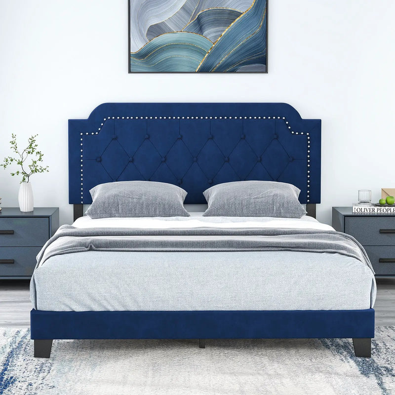 Queen Size Velvet Platform Bed with Button Tufted and Nailhead Trim Headboard-Queen Size by DirectDeals