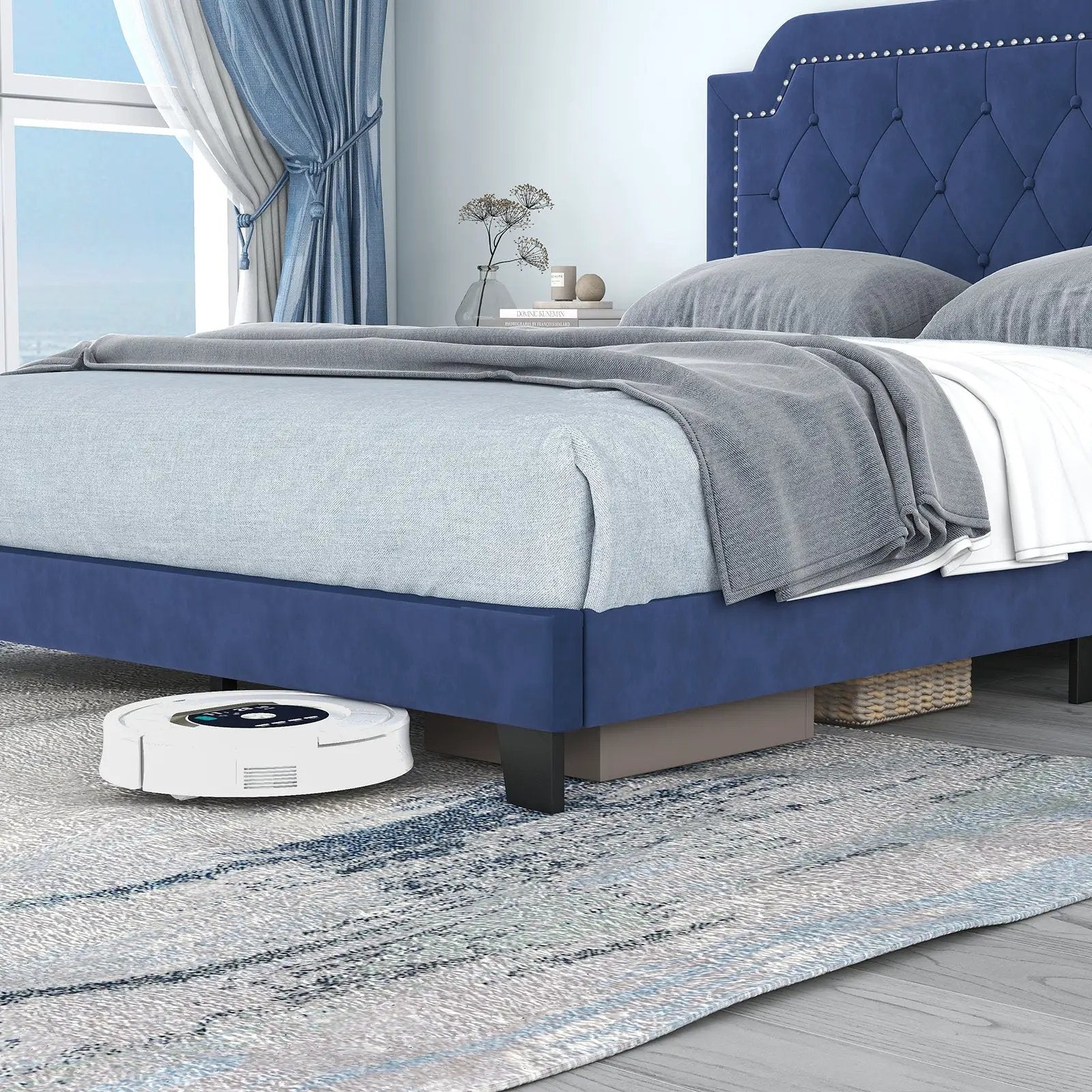 Queen Size Velvet Platform Bed with Button Tufted and Nailhead Trim Headboard-Queen Size by DirectDeals
