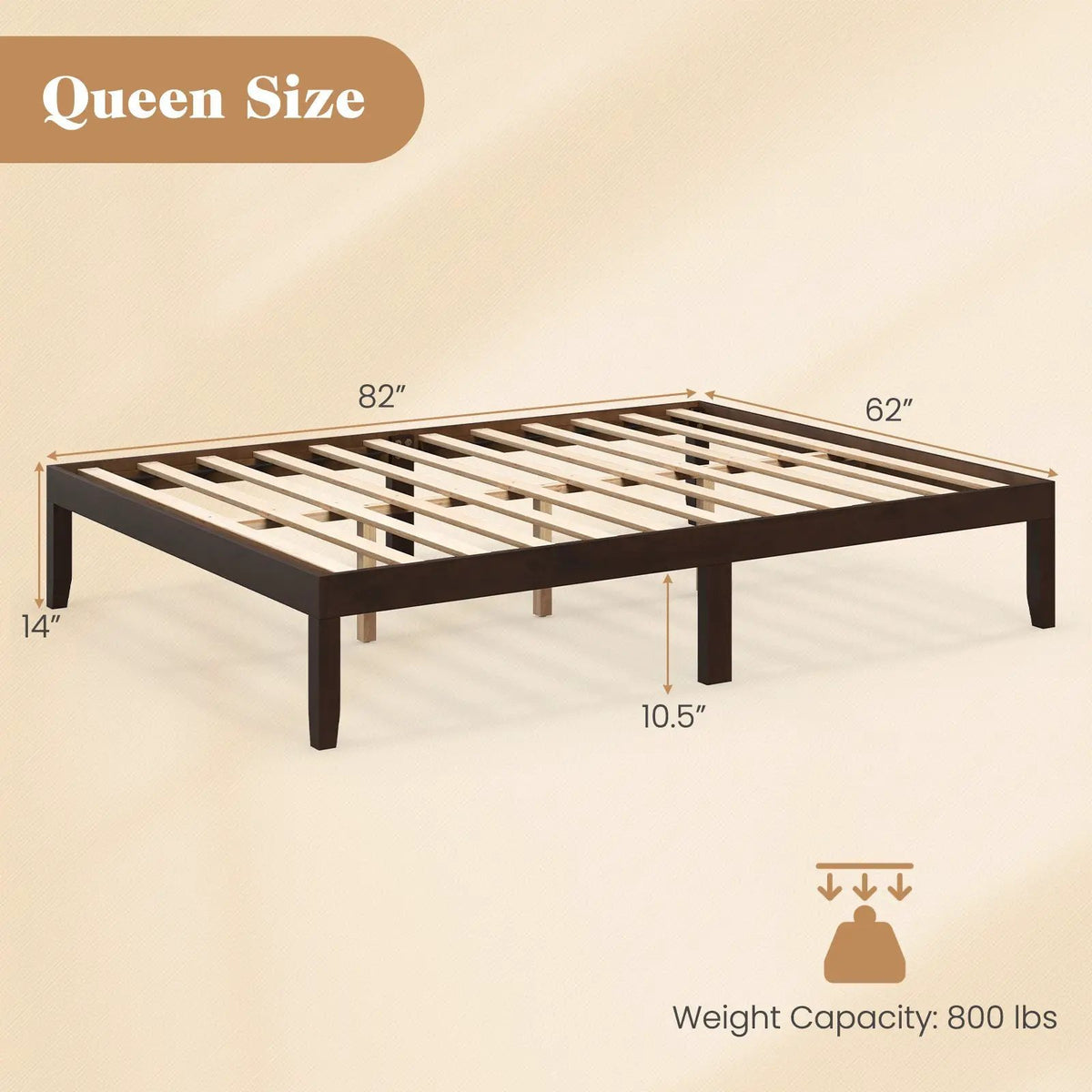 Queen Size Wood Bed Frame with Wooden Slats Support and Rubber Wood Legs by DirectDeals