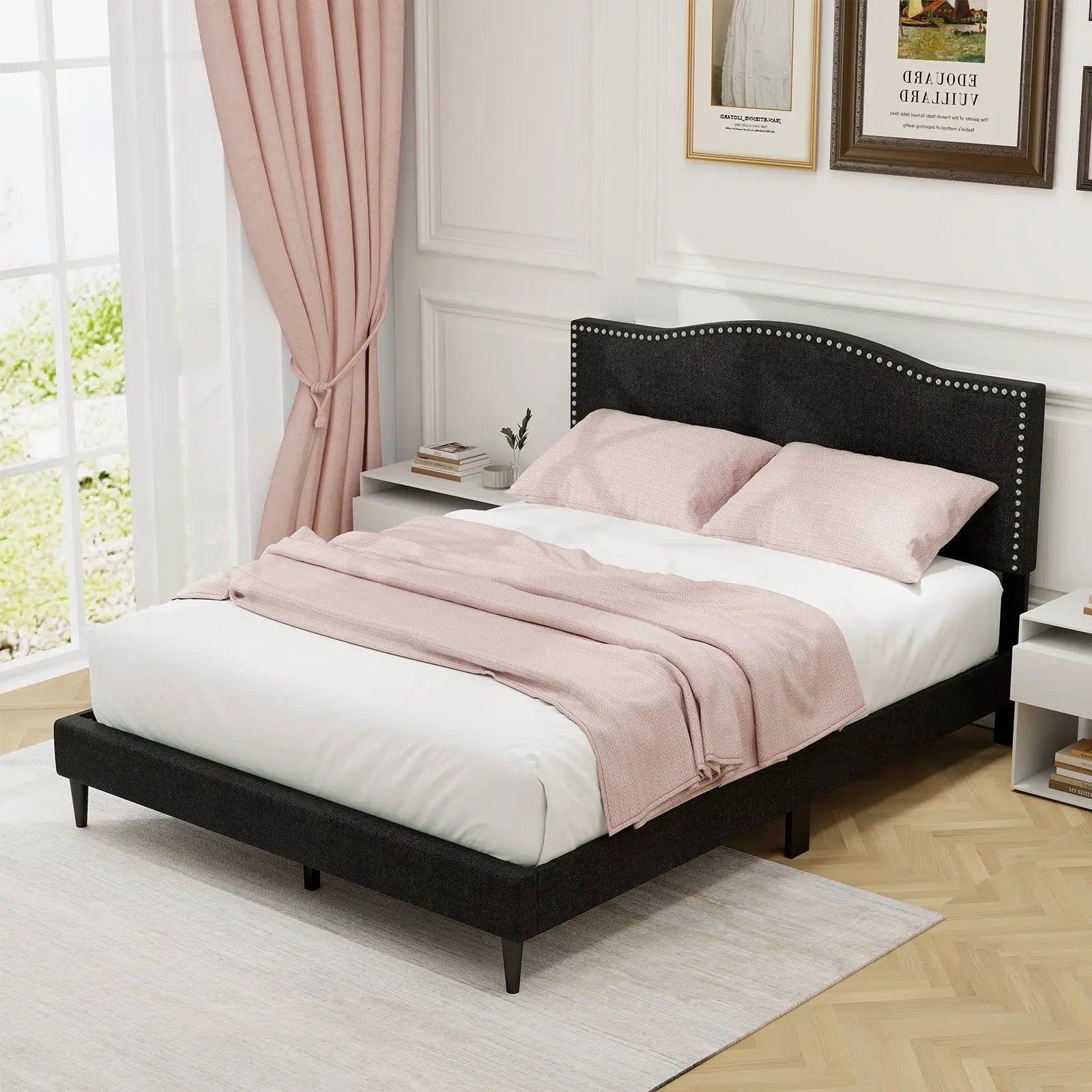 Queen Size Upholstered Bed Frame with Nailhead Trim Headboard-Queen Size by DirectDeals