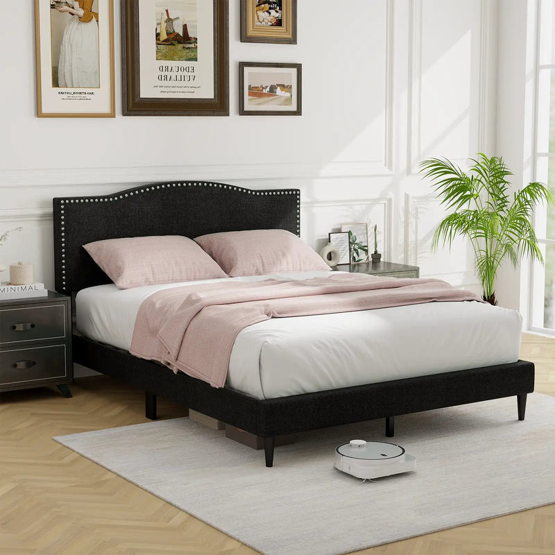 Queen Size Upholstered Bed Frame with Nailhead Trim Headboard-Queen Size by DirectDeals