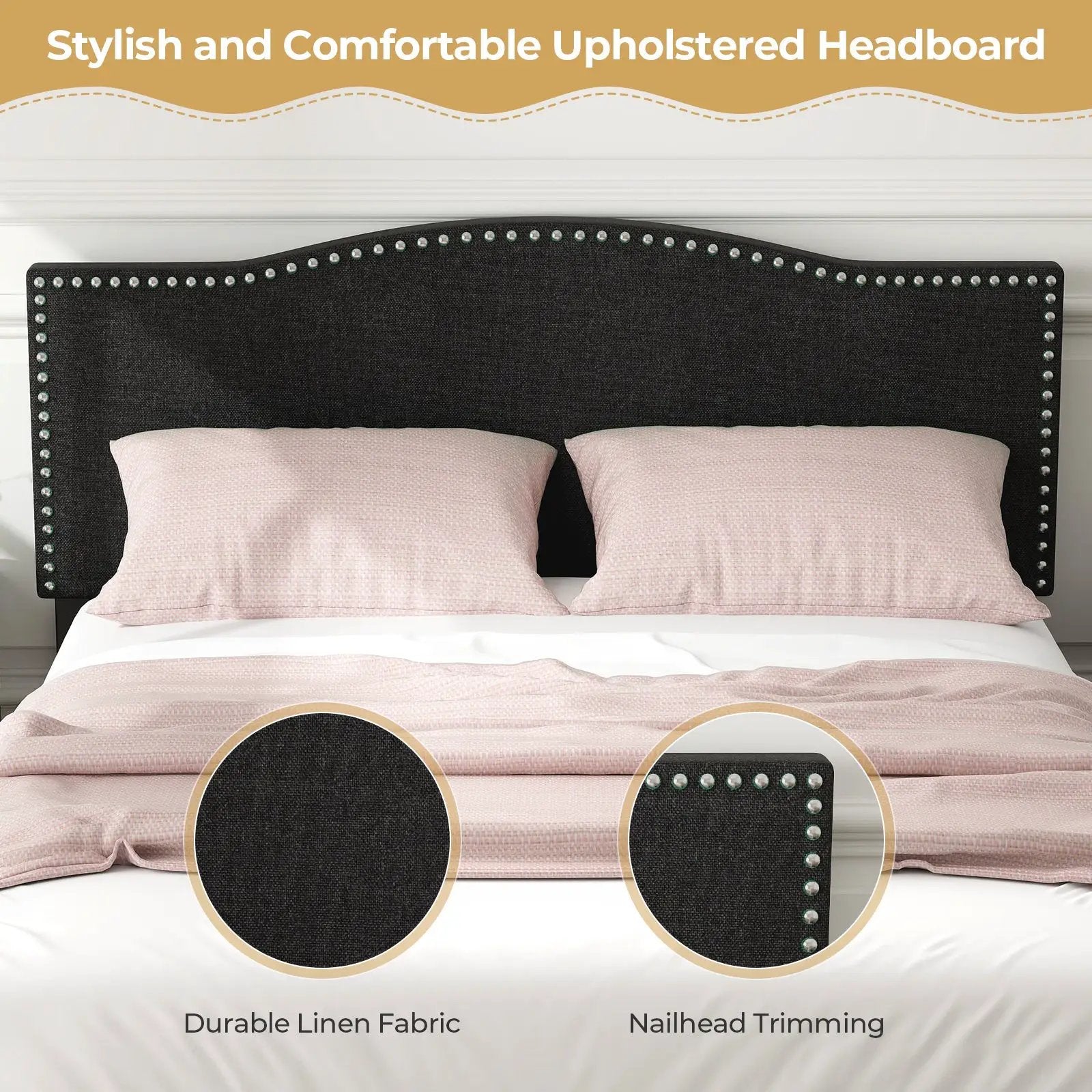 Queen Size Upholstered Bed Frame with Nailhead Trim Headboard-Queen Size by DirectDeals
