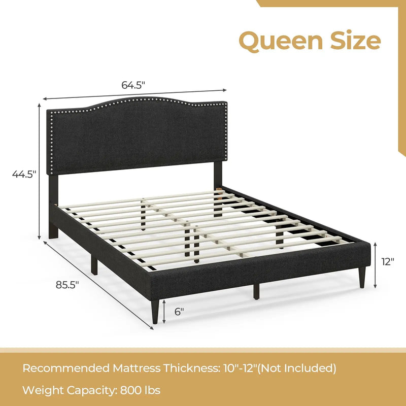 Queen Size Upholstered Bed Frame with Nailhead Trim Headboard-Queen Size by DirectDeals