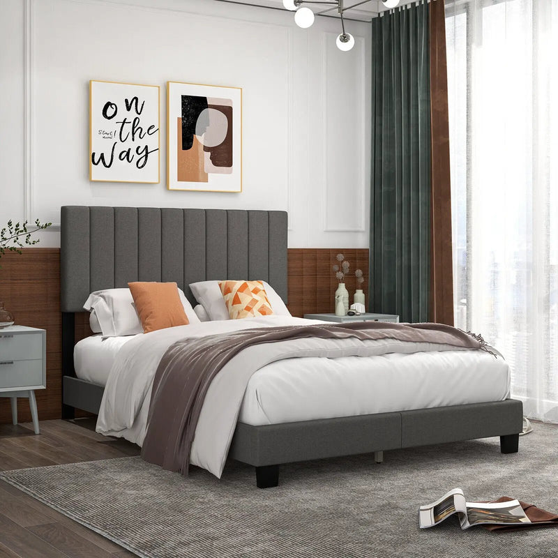 Queen Size Upholstered Bed Frame with Vertical Channel Tufted Headboard Gray by DirectDeals