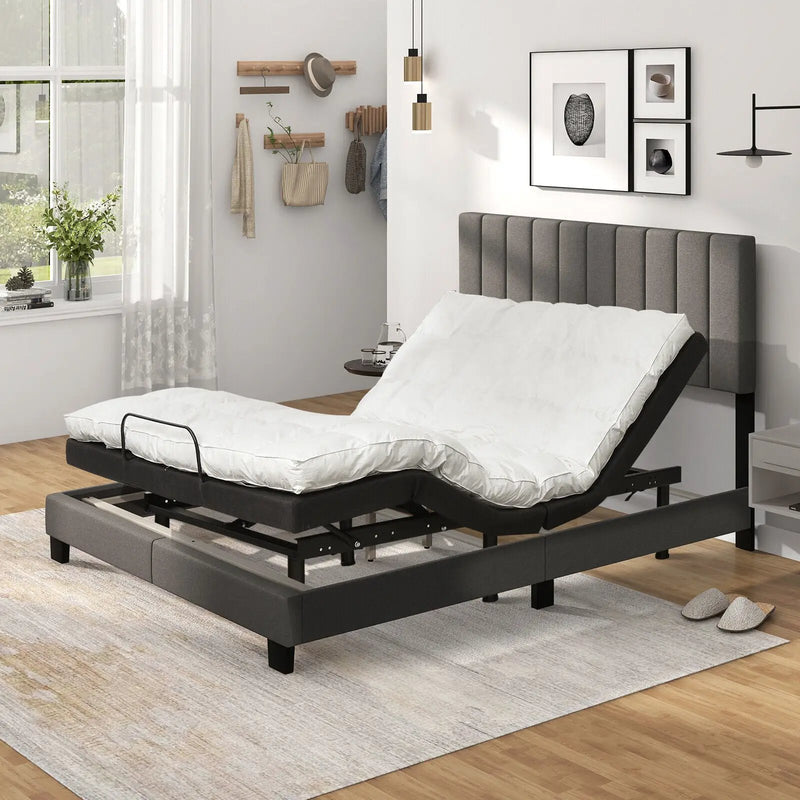 Queen Size Upholstered Bed Frame with Vertical Channel Tufted Headboard Gray by DirectDeals