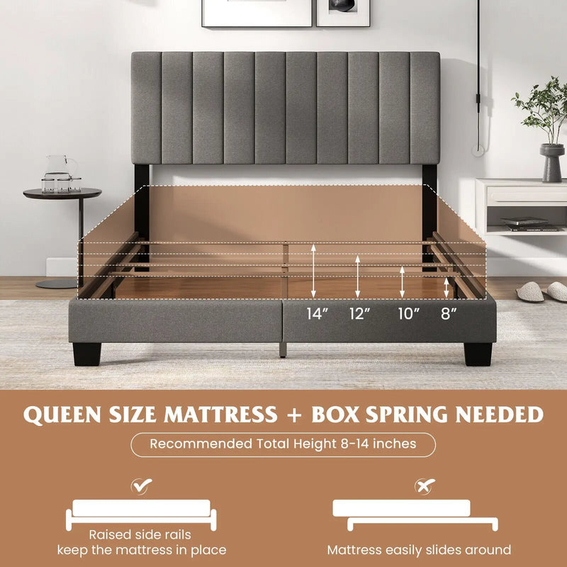 Queen Size Upholstered Bed Frame with Vertical Channel Tufted Headboard Gray by DirectDeals