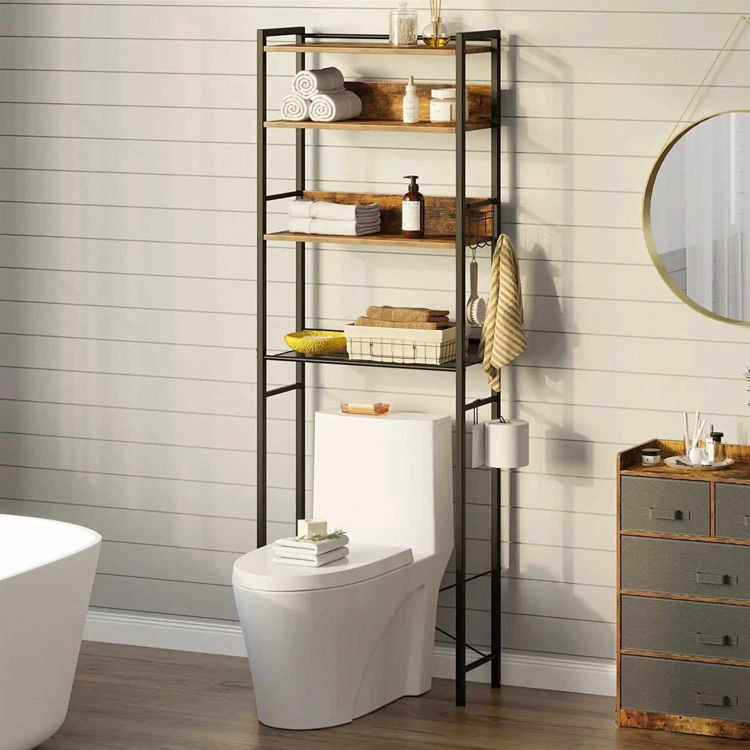 Over the Toilet Storage Freestanding Modern Black Metal Brown Wood Shelving Unit by HomePacific