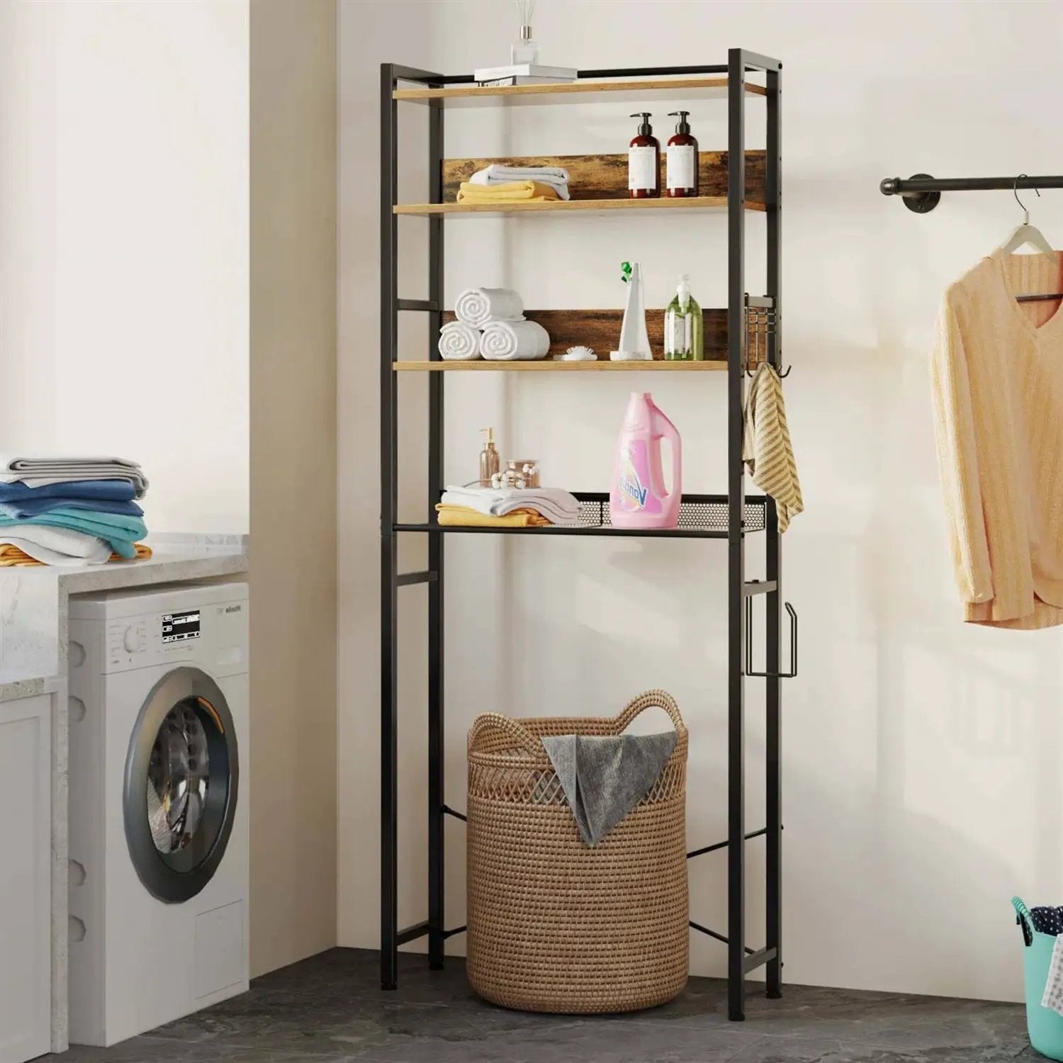 Over the Toilet Storage Freestanding Modern Black Metal Brown Wood Shelving Unit by HomePacific