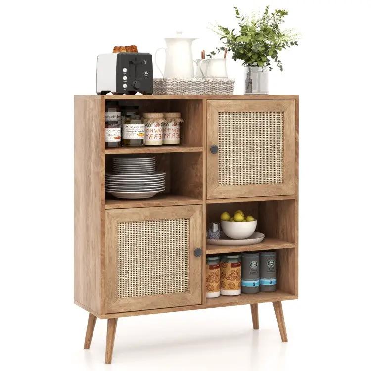 Mid-Century Modern Wood Sideboard Dining Buffet Storage Cabinet w/ Rattan Doors by HomePacific