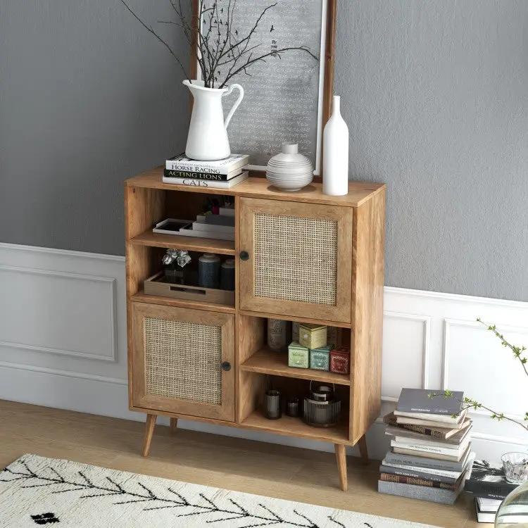 Mid-Century Modern Wood Sideboard Dining Buffet Storage Cabinet w/ Rattan Doors by HomePacific