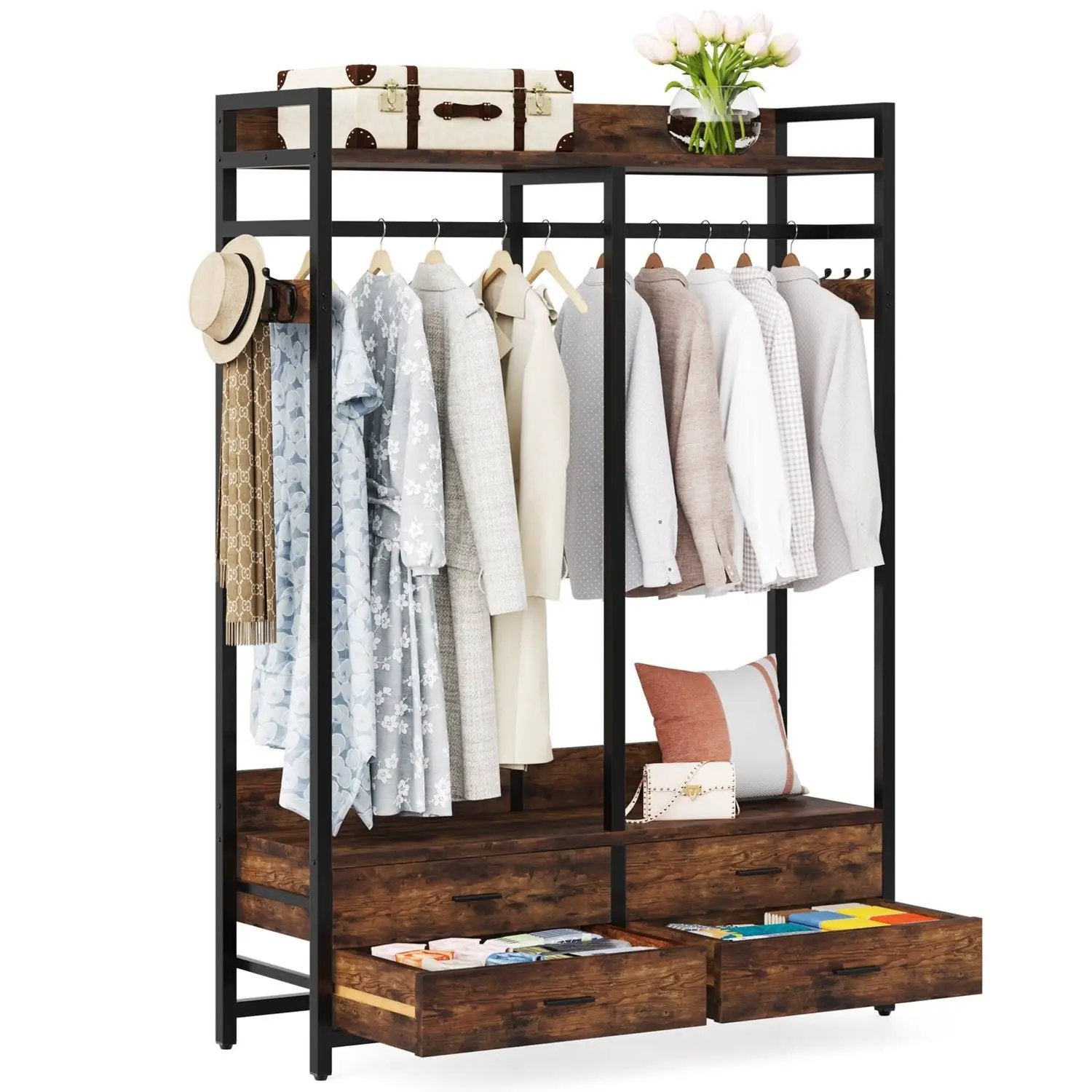 Heavy Duty Brown Black Garment Rack Clothes Hanging Rod with 4 Storage Drawers by HomePacific